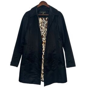 Jones New York Black Cheetah Print Lining Button Up Long Rain Coat